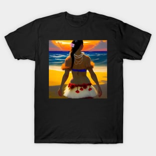 Hula Girl Hawaiian Luau Impressionist Painting Hawaii Sunset Pearls T-Shirt